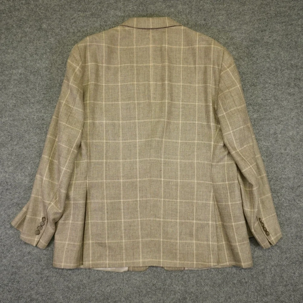 Jos A Bank Blazer Men 48R Tan Silk Linen Wool Windowpane Tailored Fit Sport Coat